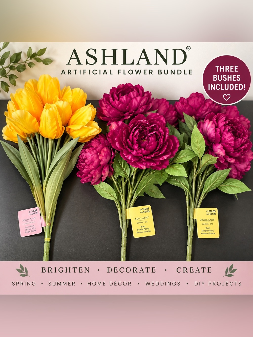 NWT Ashland Purple Peony Artificial Flower Bushes Lot of 2 Faux Floral Decor